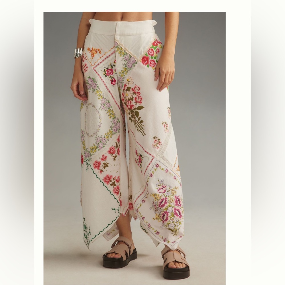 ANTHROPOLOGIE NWT PATCHWORK LINEN WIDE LEG CROP PANTS - Picture 4 of 6